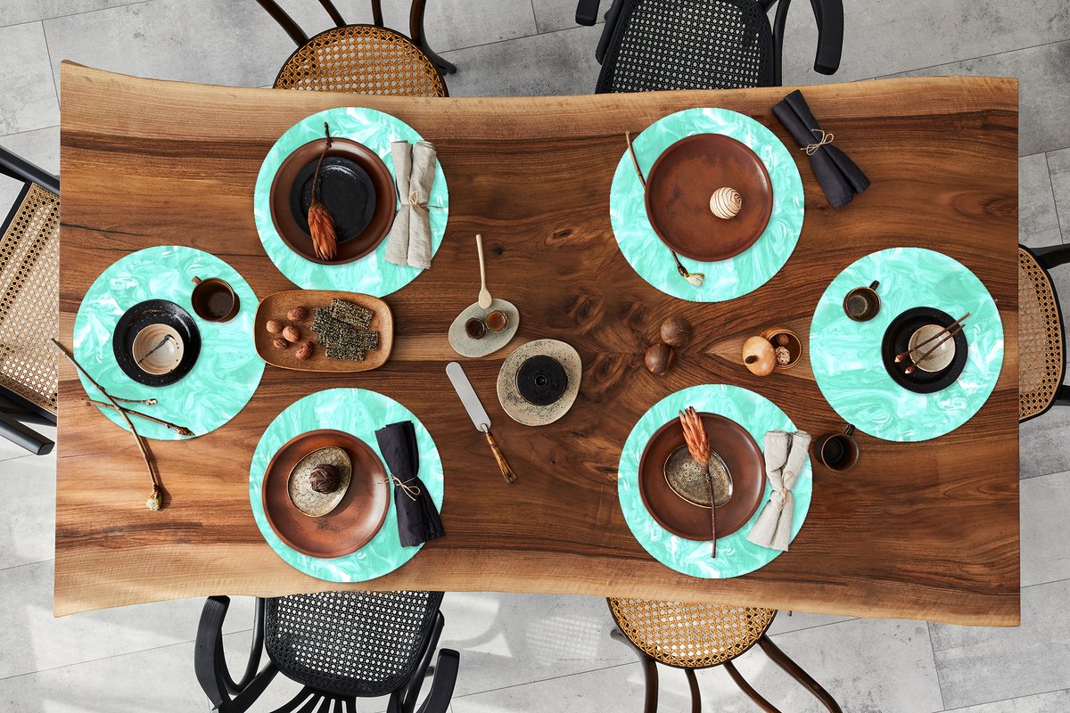 Ronde placemats - Onderlegger - Placemats rond - Blauw - Marmer print - Verf - Design - 6 stuks