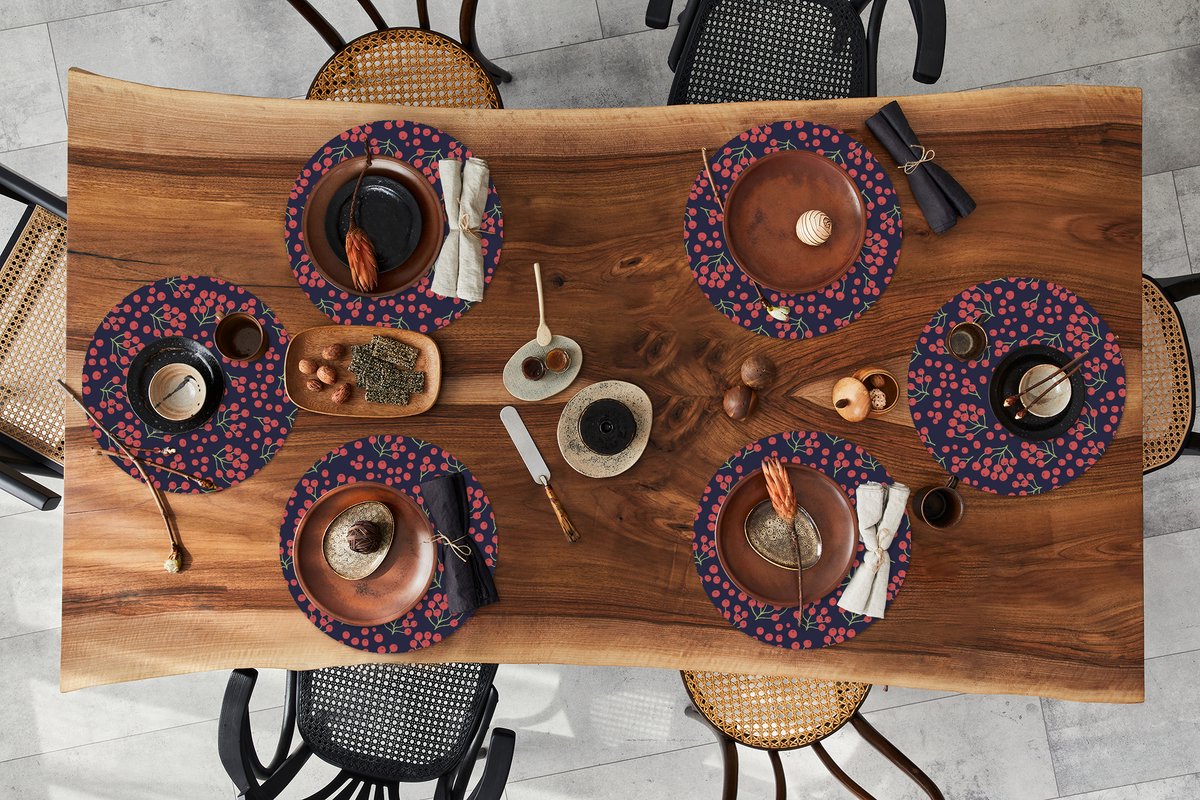 Ronde placemats - Onderlegger - Placemats rond - Patronen - Bessen - Rood - 6 stuks