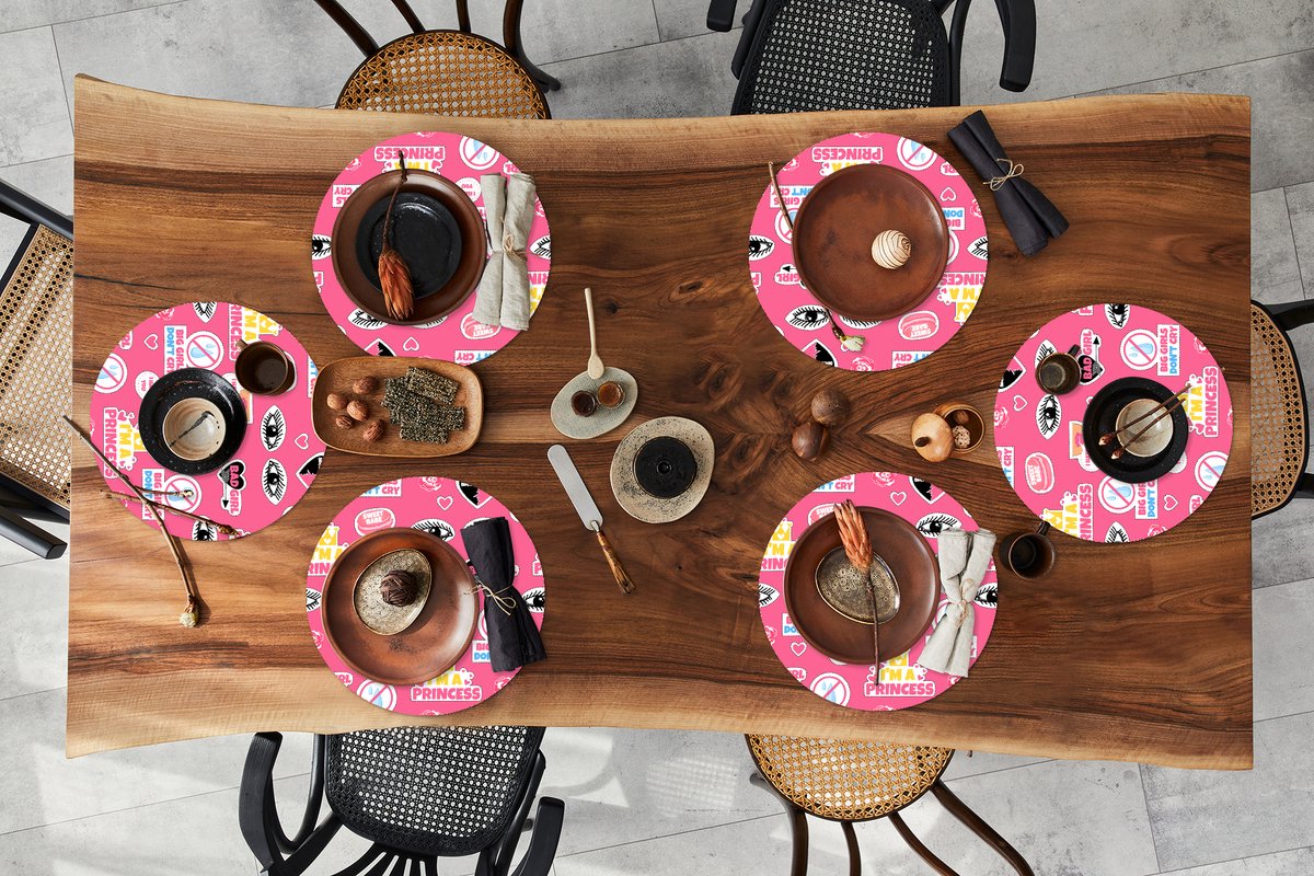 Ronde placemats - Onderlegger - Placemats rond - Meisjes - Roze - Prinses - Patroon - 6 stuks