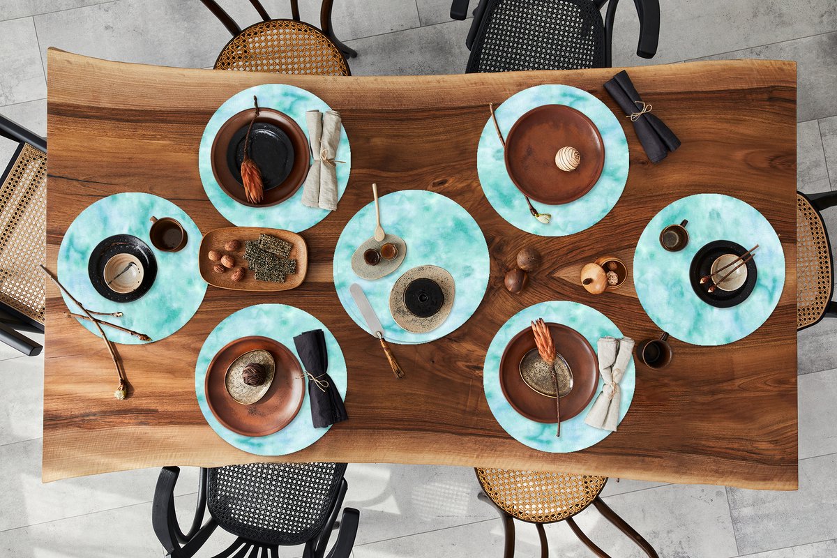 Ronde placemats - Onderlegger - Placemats rond - Waterverf - Patronen - Turquoise - Aqua - 8 stuks