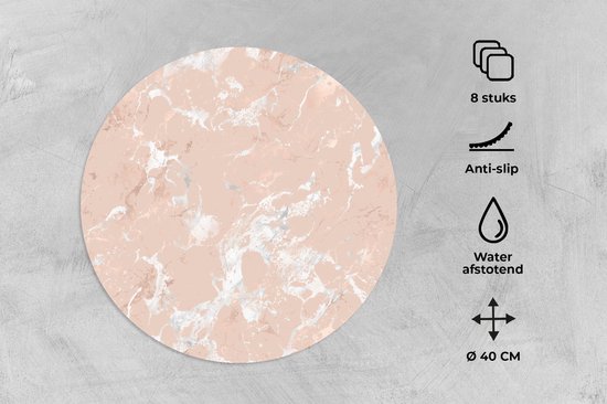 Sets de table ronds - Dessous de verre - Napperons ronds - Or rose - Imprimé marbré - Motifs - Luxe - 8 pièces