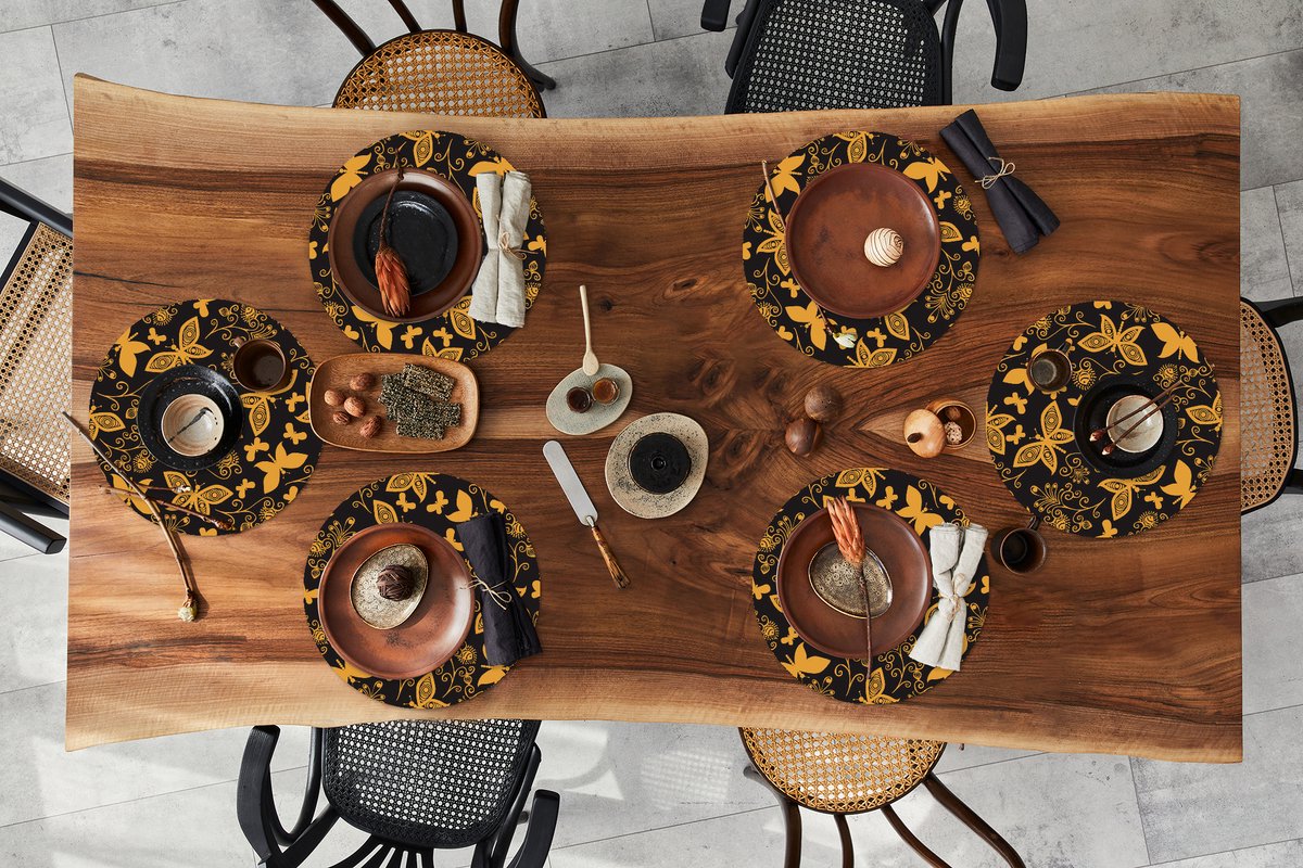 Ronde placemats - Onderlegger - Placemats rond - Bloemen - Vlinder - Goud - Patroon - 6 stuks