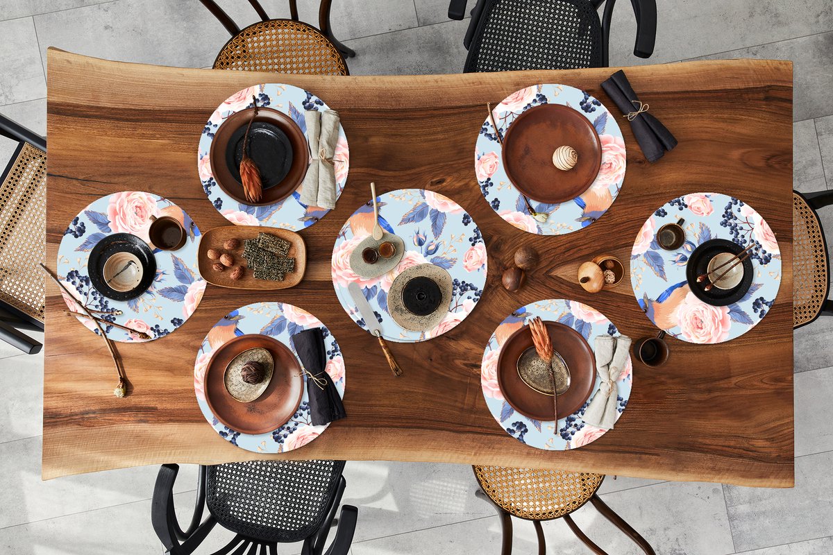 Ronde placemats - Onderlegger - Placemats rond - Patronen - Roos - Vogel - Blauw - 8 stuks