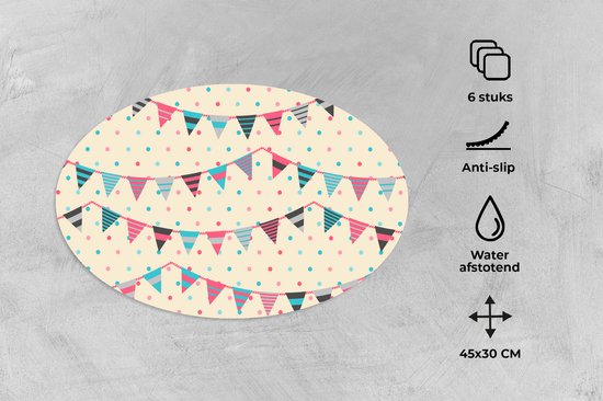 Napperons ovales - Sous-verres - Sets de table ovales - Guirlandes et drapeaux - Motifs - Pastel - 6 pièces