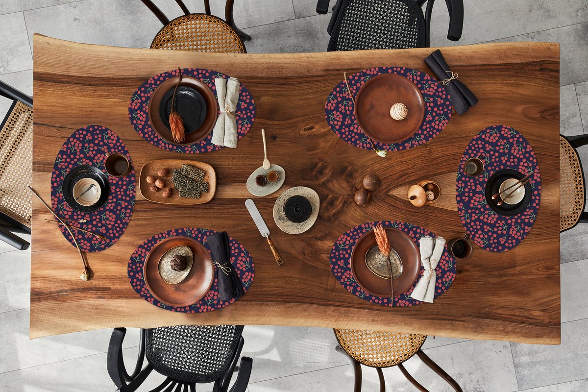 Placemats ovaal - Onderleggers - Ovale placemats - Patronen - Bessen - Rood - 6 stuks
