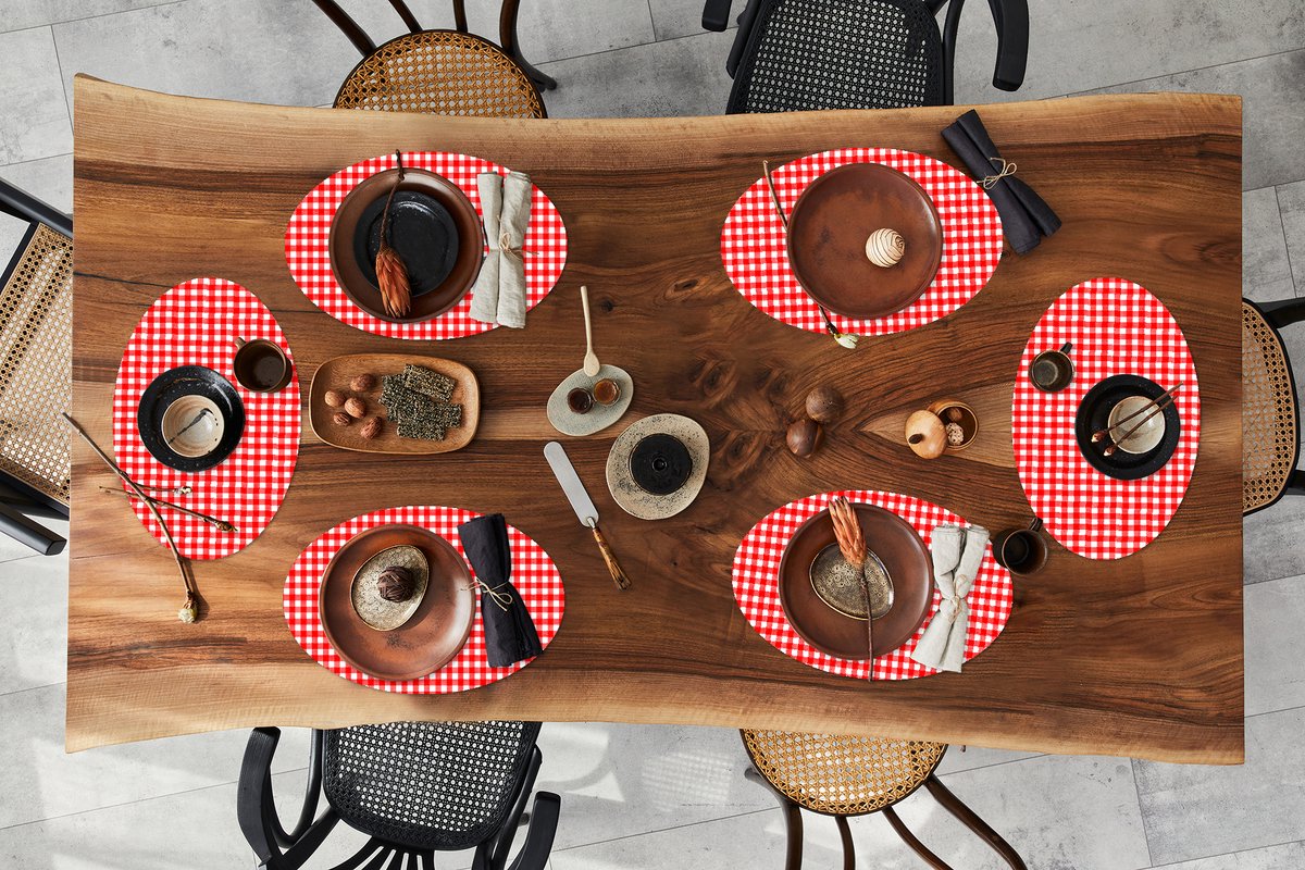 Placemats ovaal - Onderleggers - Ovale placemats - Rood - Rustiek - Patronen - 6 stuks