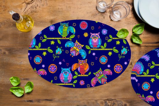Napperons ovales - Sous-verres - Sets de table ovales - Motif - Chouette - Branches - 6 pièces
