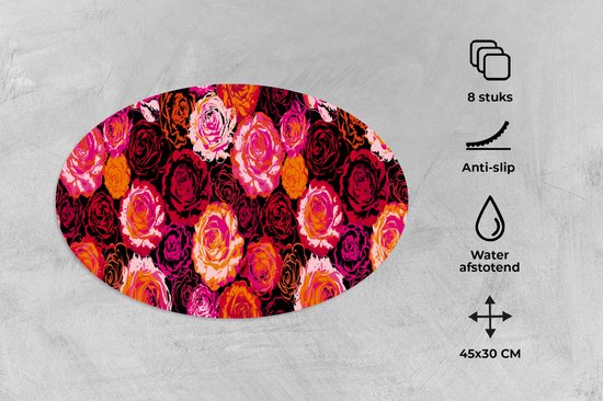 Ovale placemat met rozenpatroon, 8 stuks, antislip, waterafstotend, 45x30 cm.