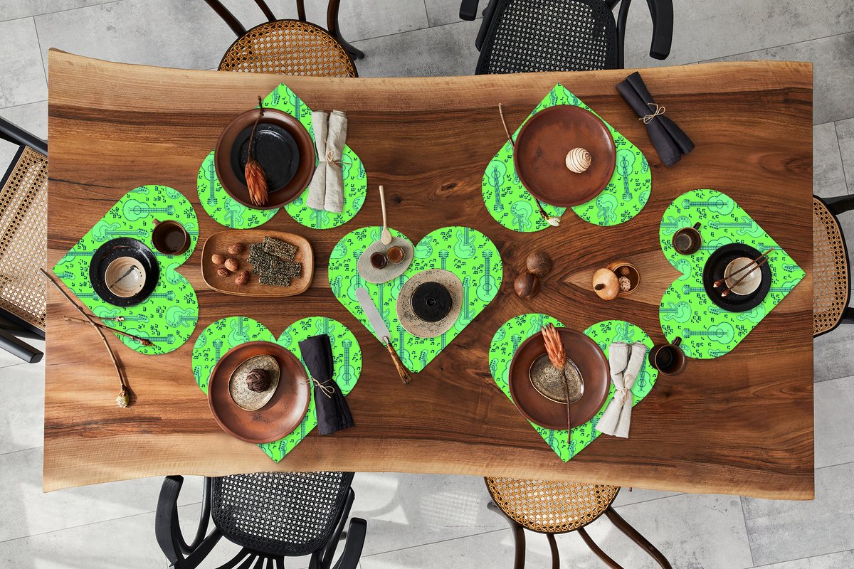 Onderleggers - Placemats - Placemats hartje - Gitaar - Patronen - Groen - 8 stuks