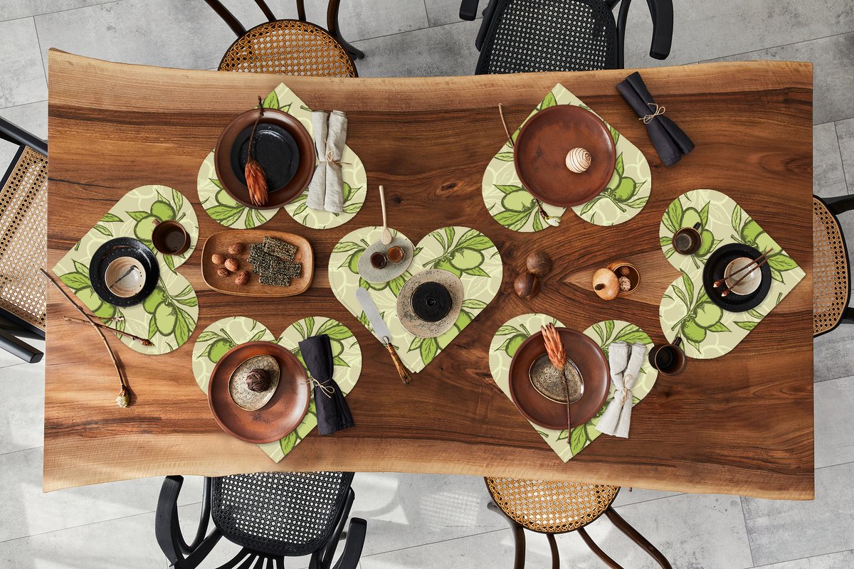 Onderleggers - Placemats - Placemats hartje - Olijf - Bladeren - Vegan - Design - Vintage - 8 stuks
