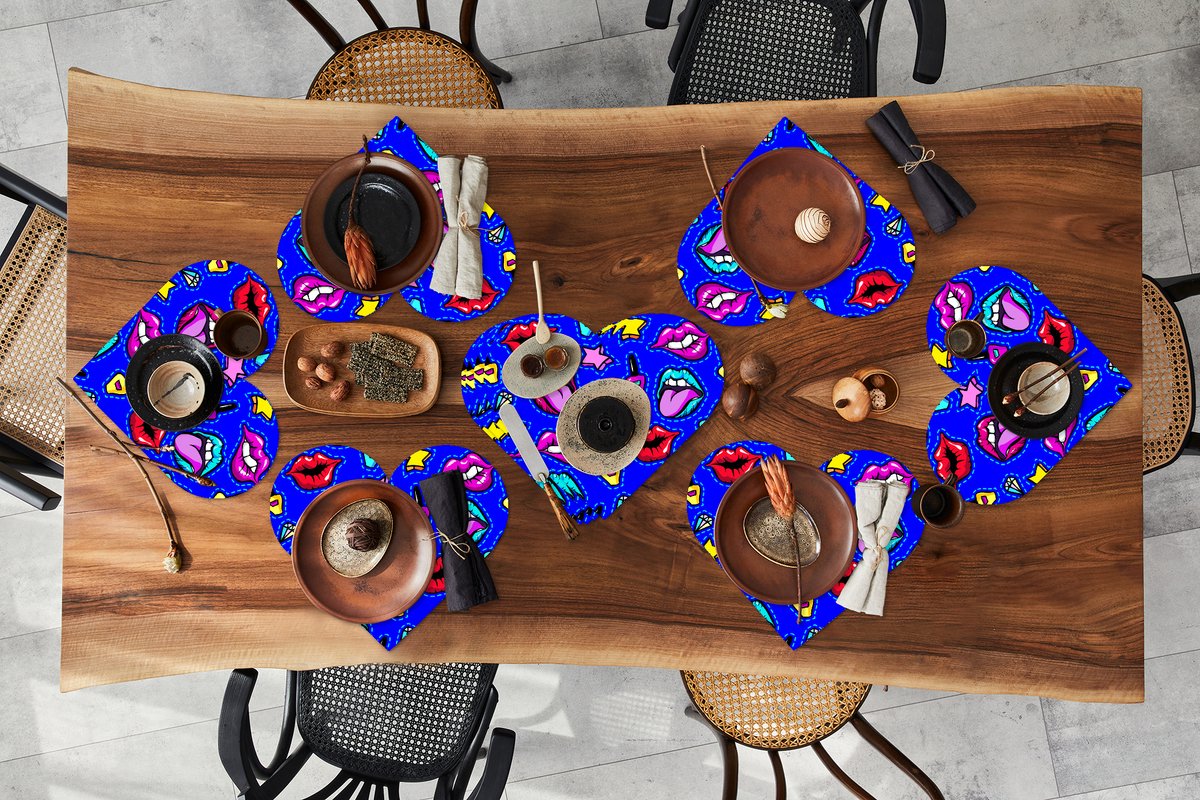 Onderleggers - Placemats - Placemats hartje - Patroon - Popart - Neon - Blauw - 10 stuks
