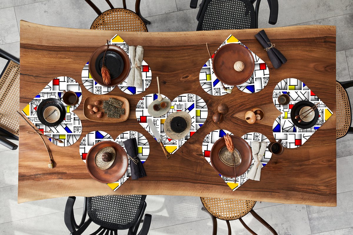 Onderleggers - Placemats - Placemats hartje - Mondriaan - Vormen - Design - Patroon - 8 stuks