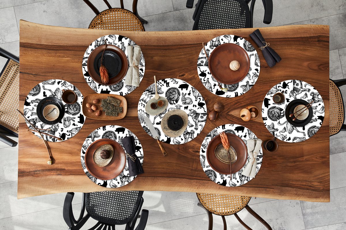 Ronde placemats - Onderlegger - Placemats rond - Patroon - Dieren - Zwart Wit - 10 stuks
