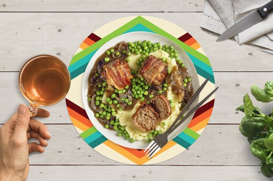 Sets de table ronds - Dessous de verre - Napperons ronds - Rétro - Rayures - Design - Seventies - 8 pièces