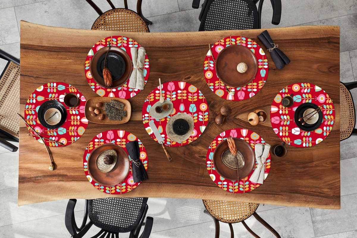 Ronde placemats - Onderlegger - Placemats rond - Patronen - Bloemen - Retro - Rood - 8 stuks