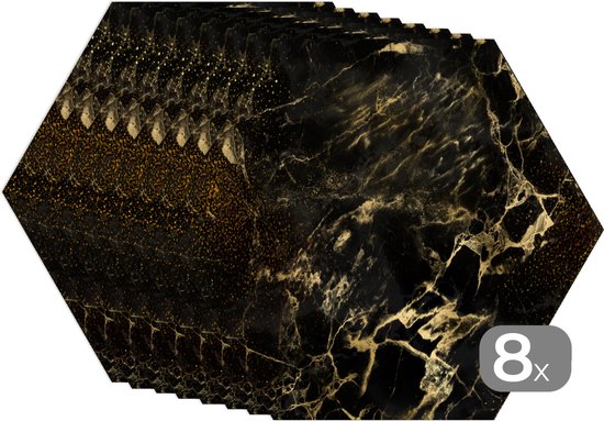 Placemats hexagon - Onderleggers placemats - Placemat zeshoek - Marmer print look - Zwart - Goud - 8 stuks