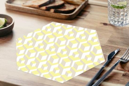 Placemats hexagon - Onderleggers placemats - Placemat zeshoek - Blokken - Patronen - 3D - Geel - 10 stuks