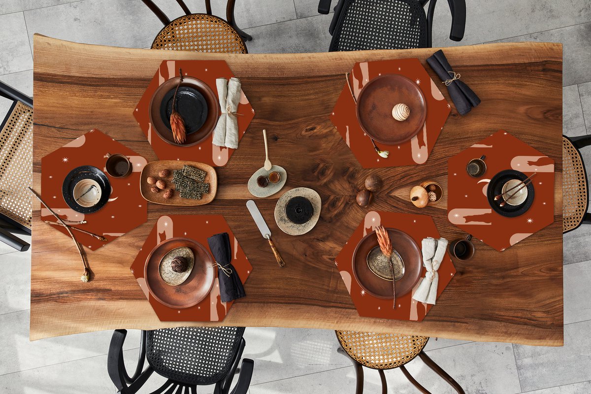 Placemats hexagon - Onderleggers placemats - Placemat zeshoek - Sterren - Kat - Design - 6 stuks