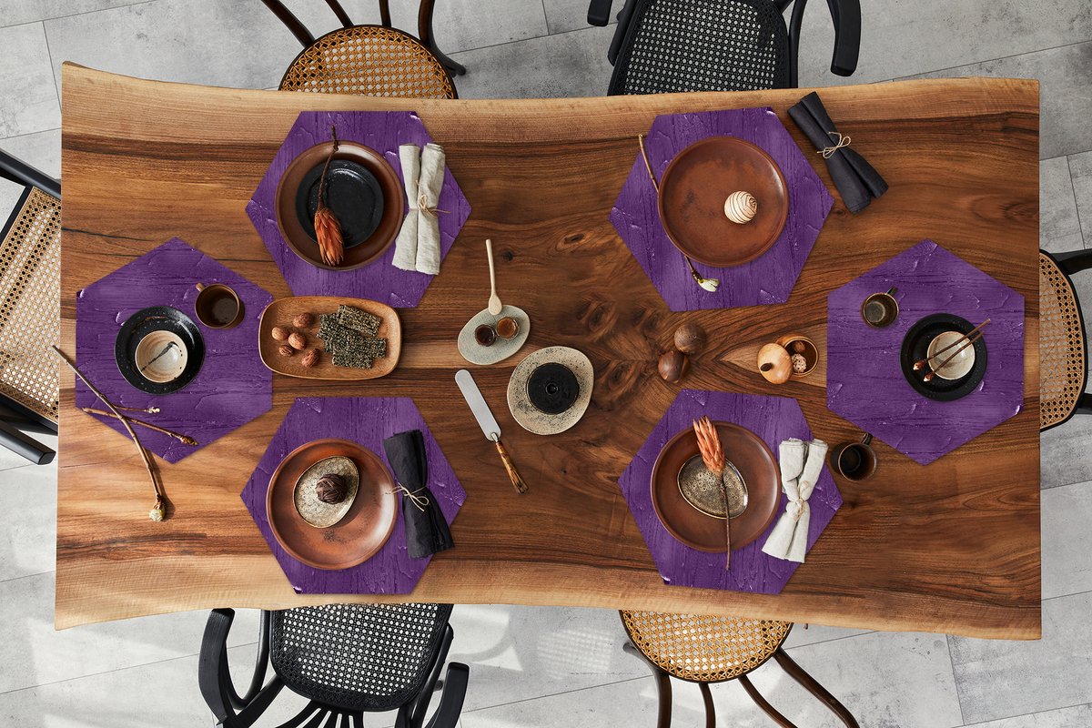 Placemats hexagon - Onderleggers placemats - Placemat zeshoek - Verf - Paars - Patronen - 6 stuks