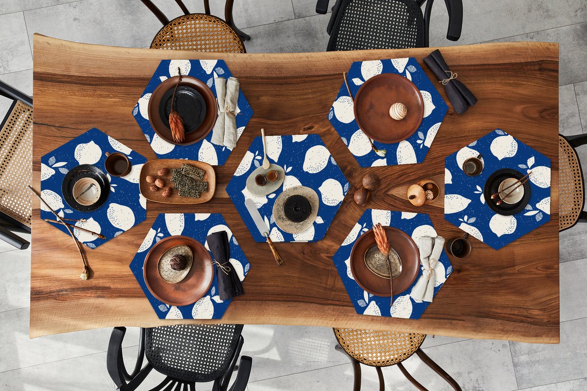 Placemats hexagon - Onderleggers placemats - Placemat zeshoek - Design - Citroen - Fruit - 8 stuks