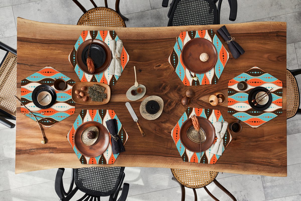 Placemats hexagon - Onderleggers placemats - Placemat zeshoek - Retro - Cirkel - Design - 6 stuks