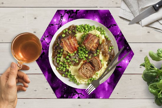 Placemats hexagon - Onderleggers placemats - Placemat zeshoek - Sterrenhemel - Marmer print - Paars - Zwart - Patronen - 6 stuks