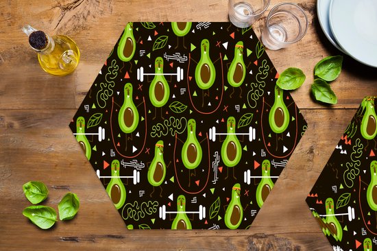 Placemats hexagon - Onderleggers placemats - Placemat zeshoek - Avocado - Fitness - Patronen - 6 stuks