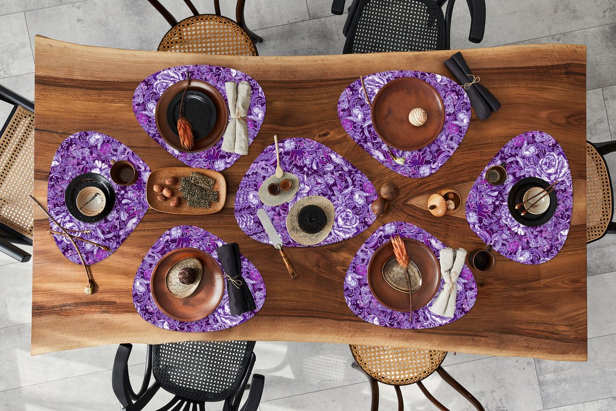 Placemat organisch - Placemats organic - Onderleggers - Kolibrie - Rozen - Paars - 10 stuks