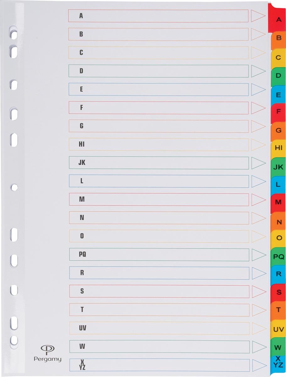 Pergamy tabbladen met indexblad, ft A4, 11-gaatsperforatie, geassorteerde kleuren, A-Z 15 met tabs - Pergamy