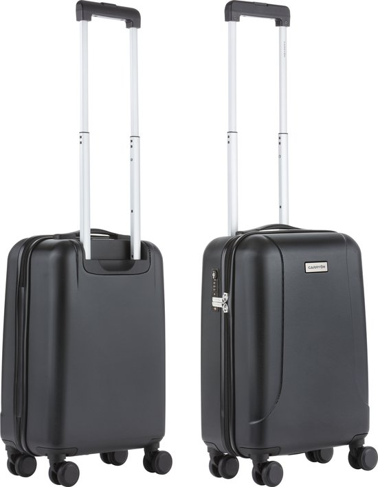Zwarte CarryOn Skyhopper handbagagekoffers, voorkant en achterkant, met trolleyhandvat en TSA-slot.