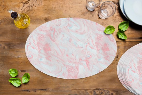 Napperons ovales - Sous-verres - Sets de table ovales - Imprimé marbré - Rose - Wit - Motifs - 10 pièces