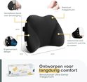 Zwarte ergonomische rugsteun met afmetingen en details zoals verstelbare band.