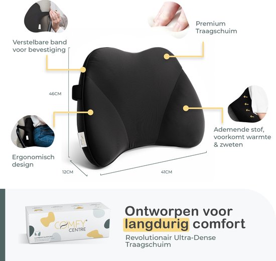Zwarte ergonomische rugsteun met afmetingen en details zoals verstelbare band.