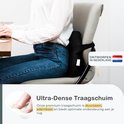 Vrouw zit met zwarte rugsteun in bureaustoel, met focus op 'Ultra-Dense Traagschuim'.