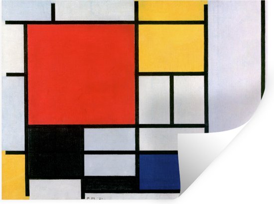 Composition abstraite avec des blocs rouges, jaunes et bleus, encadrés par des lignes noires. Une partie de l'autocollant est enroulée.