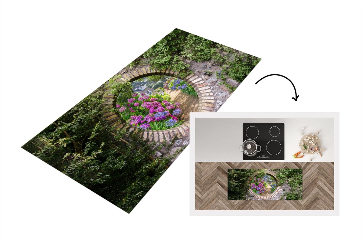 KitchenYeah Keukenloper - Loper keuken - Doorkijk - Bloemen - Hortensia - Zomer - 120x50 cm - Keukenloper vinyl Multicolor
