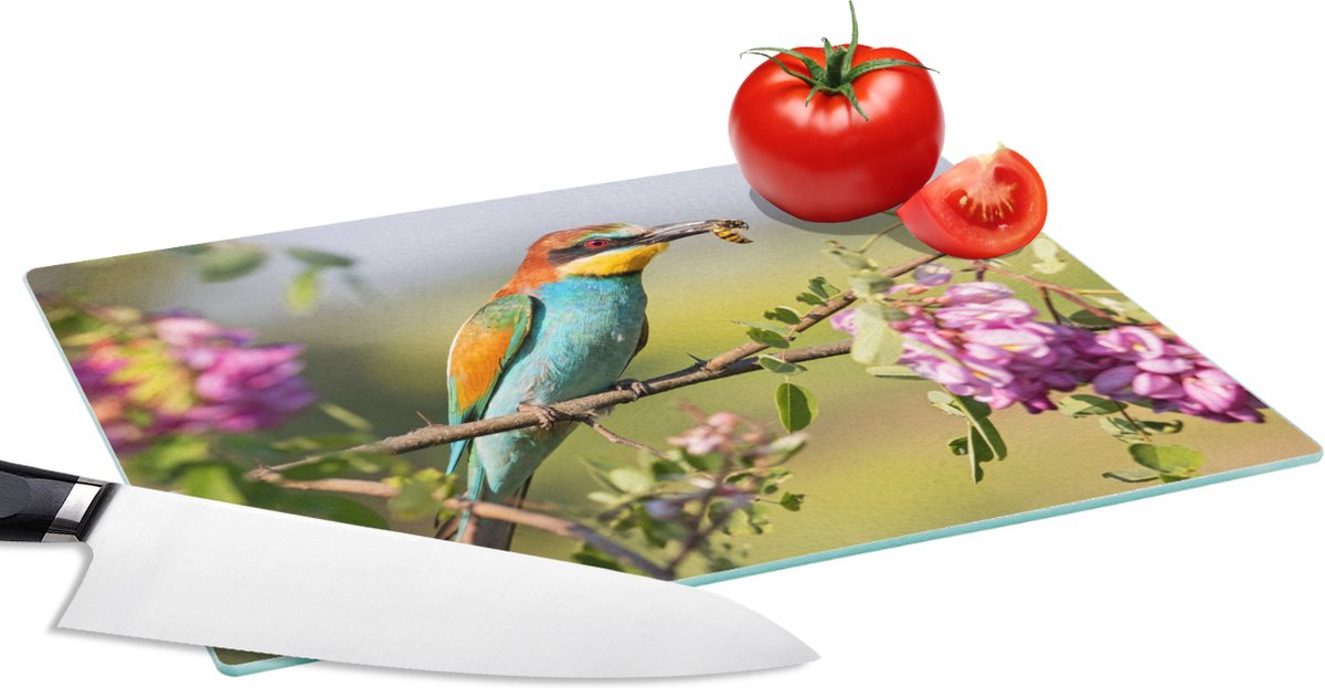 Glazen Snijplank - 28x20 - Vogel - Bijeneter - Bloemen - Snijplanken Glas