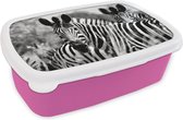Broodtrommel Roze - Lunchbox - Brooddoos - Zebra - Zwart - Wit - Dieren - 18x12x6 cm - Kinderen - Meisje