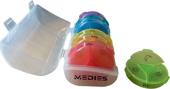 Medies - Pilulier 7 jours 3 compartiments - 7 Boîtes à pilules multicolores avec boîte de rangement transparente - Verrouillage fort - Langue néerlandaise