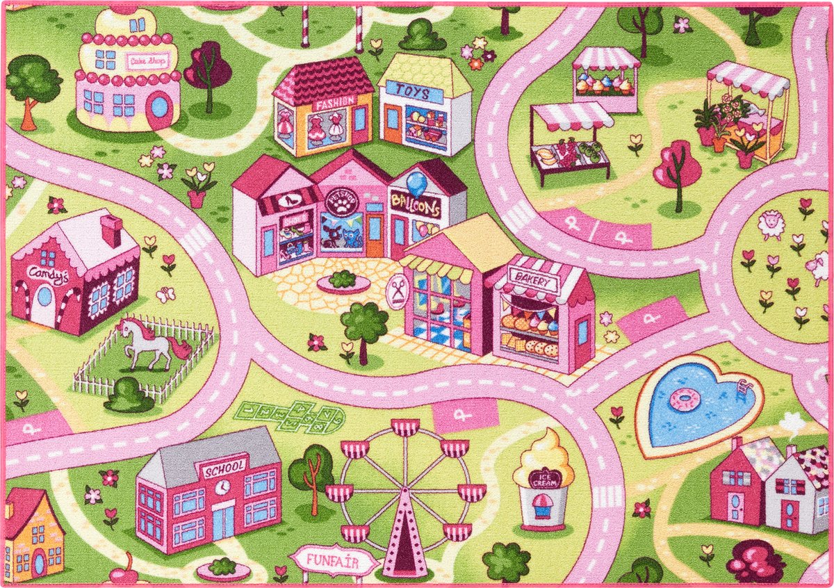 Carpet Studio Sweet Town Speelkleed Roze - 95x133cm - Vloerkleed Kinderkamer - Speelmat - Anti-slip Speeltapijt - Verkeerskleed