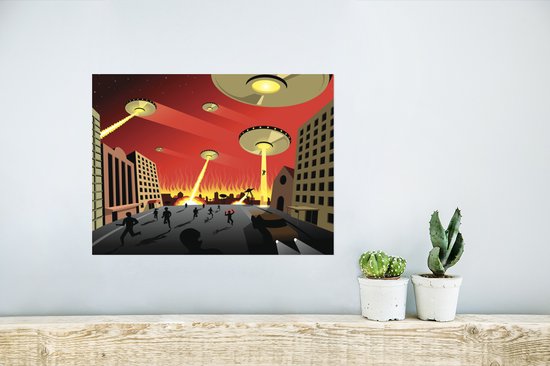 Poster 40x30 cm - Een illustratie van UFO's die een stad aanvallen - Jongens - Meisjes - Kinderen - Kind - Posters - Kamer decoratie - Wanddecoratie woonkamer - Muurdecoratie slaapkamer