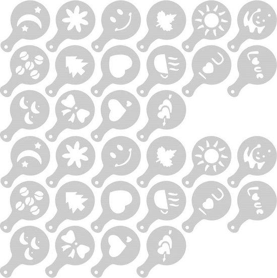 Overzicht van 32 koffie-stencils met diverse patronen: maan, ster, bloem, smiley, esdoornblad, zon, klavertje vier, kerstboom, hart, I<3U, liefde, kopje, koffieboon.
