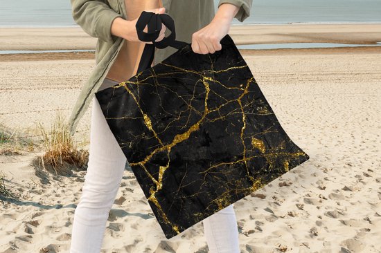 Sac bandoulière - Sac de plage - Shopper Marble - Zwart - Goud - Glitter - 40x40 cm - Sac en coton