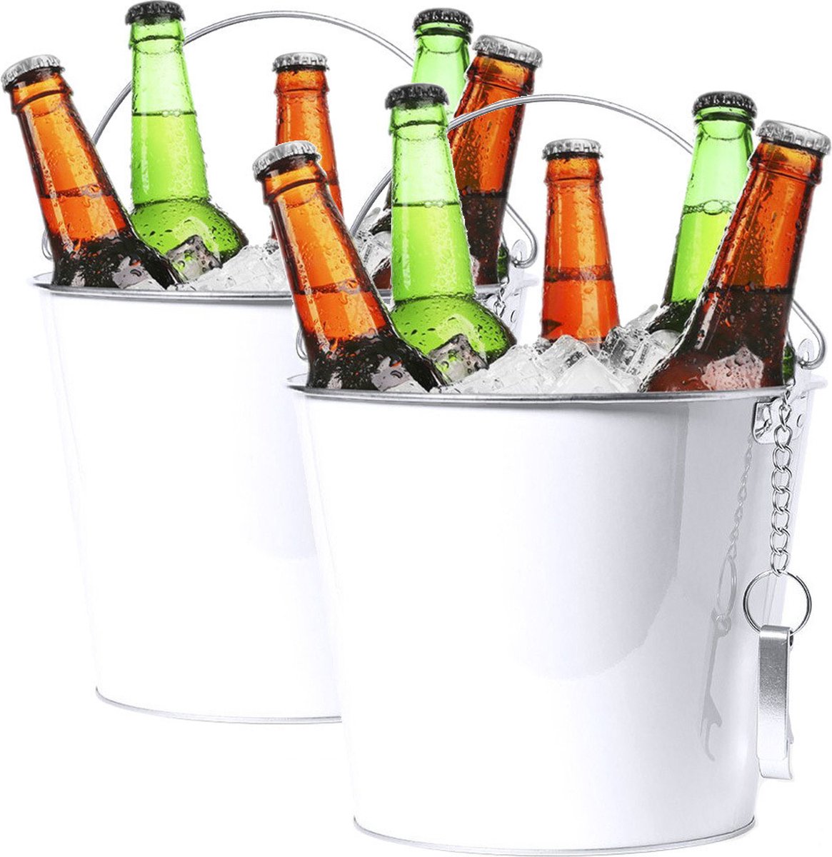 IJsemmer/bierkoeler - 2x stuks - 6L - metaal - wit - met flesopener - wijnkoeler - drankkoeler