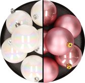 12x stuks kunststof kerstballen 8 cm mix van parelmoer wit en velvet roze - Kerstversiering