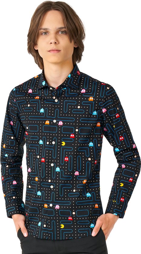 OppoSuits Lange Mouwen Overhemd PAC-MAN Teen Boys - Tiener Overhemd - Casual Gaming PAC-MAN Shirt- Zwart - Maat EU 134/140