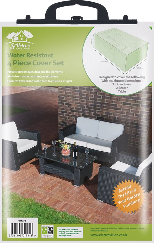 Verpakking van een 4-delige waterbestendige hoes voor tuinset, "Extend The Life of Your Garden Furniture".