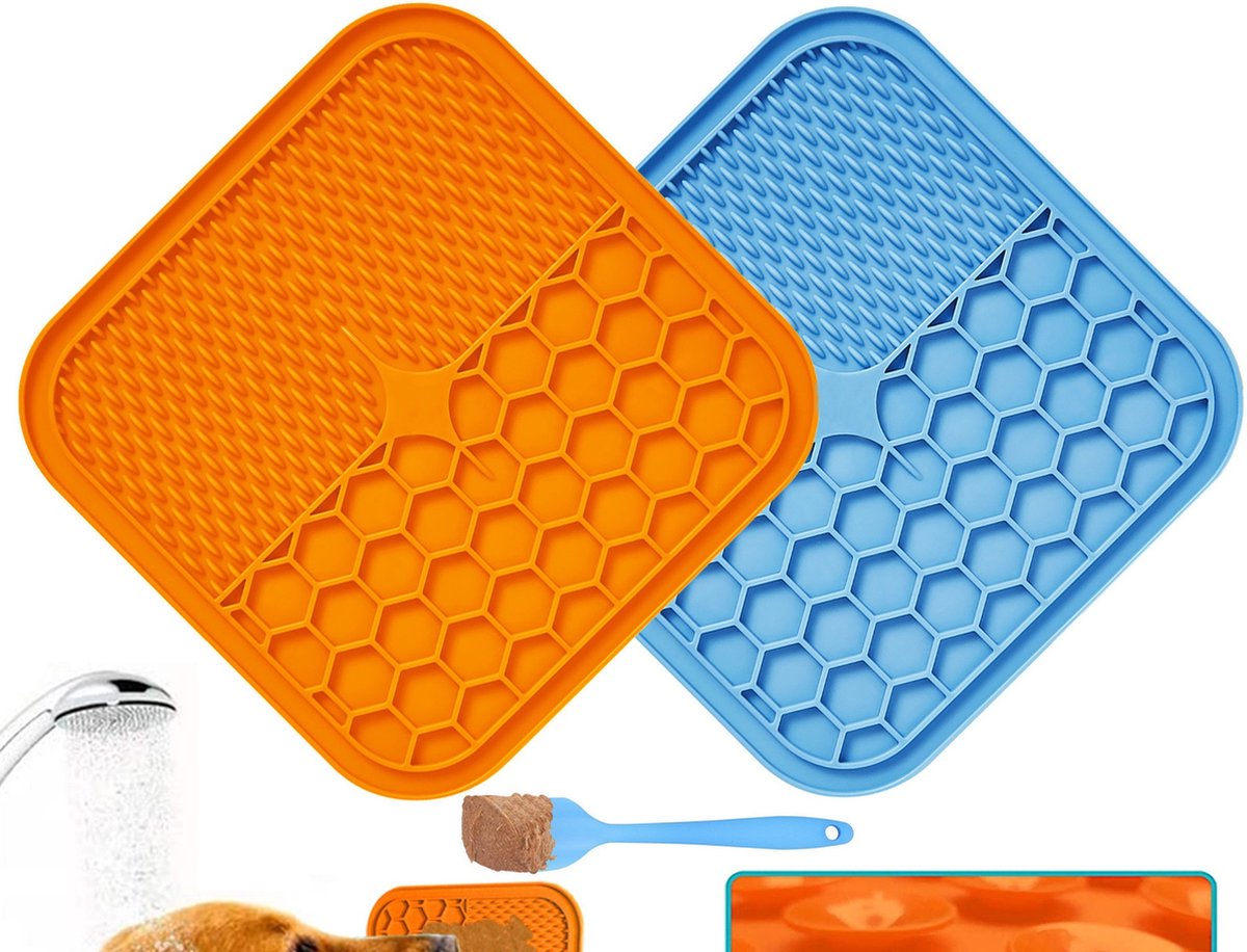 Bol.com Voermat hond- Likmat hond - Anti schrok mat hond - Snuffel eet mat hond - Langzaam eet mat - Blauw - Oranje - Lepel - Sc... aanbieding