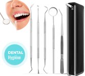 Professioneel tandarts setje 6 delig - tandsteen verwijderaar – tandplak verwijderaar - tandartshaakje – tandsteenhaakje - tandarts spiegel – gebitsreiniging – mondspiegel - inclusief luxe etui - RVS