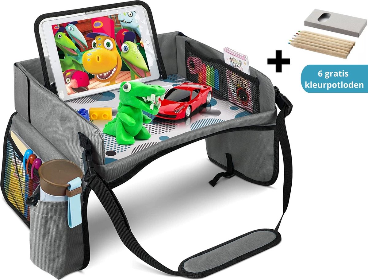 Premium Reistafel voor kinderen - Autotafel - Inclusief Tablethouder + Gratis Kleurpotloden en Draagtas - Auto Organizer - Playtray - Opvouwbaar - Speeltafel Auto - Tekentafel Auto - Grijs